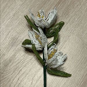 Handcrafted French White Glass Beaded Flower Stem Vintage Inspired Decorative